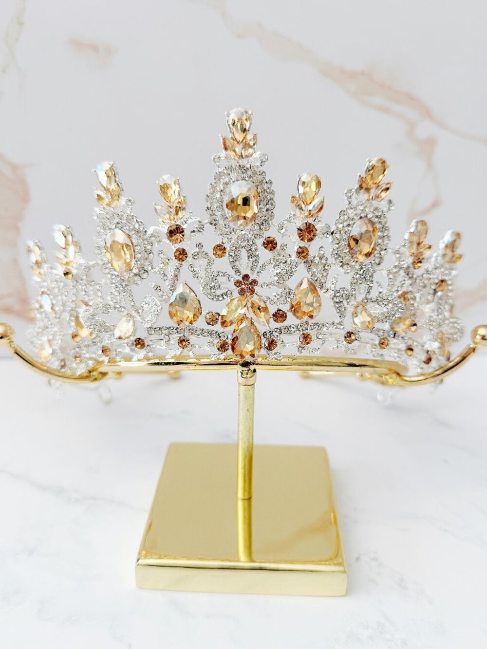 Champagne Crystal Flower Tiara Crown Bridal Wedding Pageant Prom Headpiece Queen